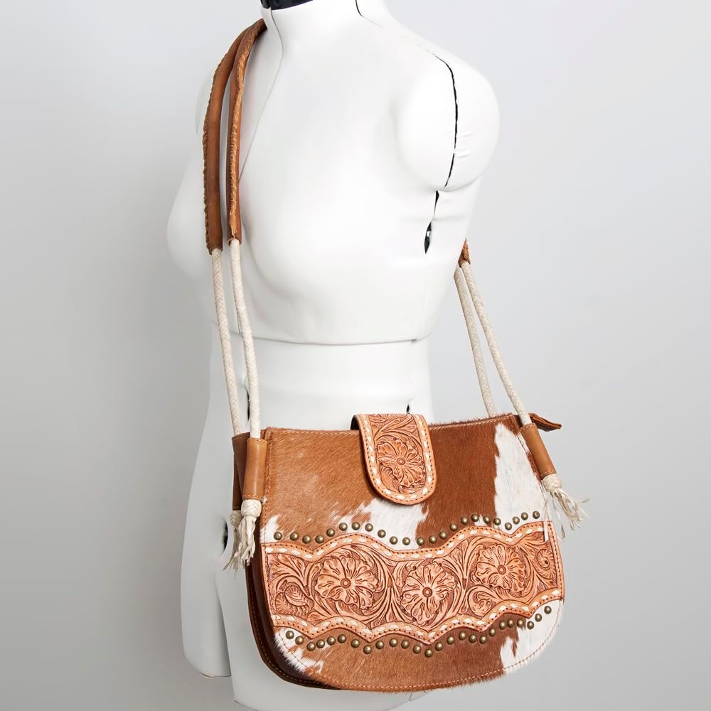 American Darling Messenger Bag, Hand-Tooled Floral Western Leather Purse, Hair-On Cowhide, 9.5in (H) X 12in (W) X 3.5in (D)