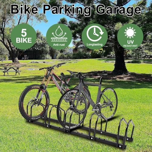 Image of INDIA 5-Bike Floor Mount Cycle Stand Staggered Bicycle Parking Rack Space Saving Storage Solution for Garages and Congested Areas | Heavy-Duty Steel Wheel Organizer with 5 Parking Positions