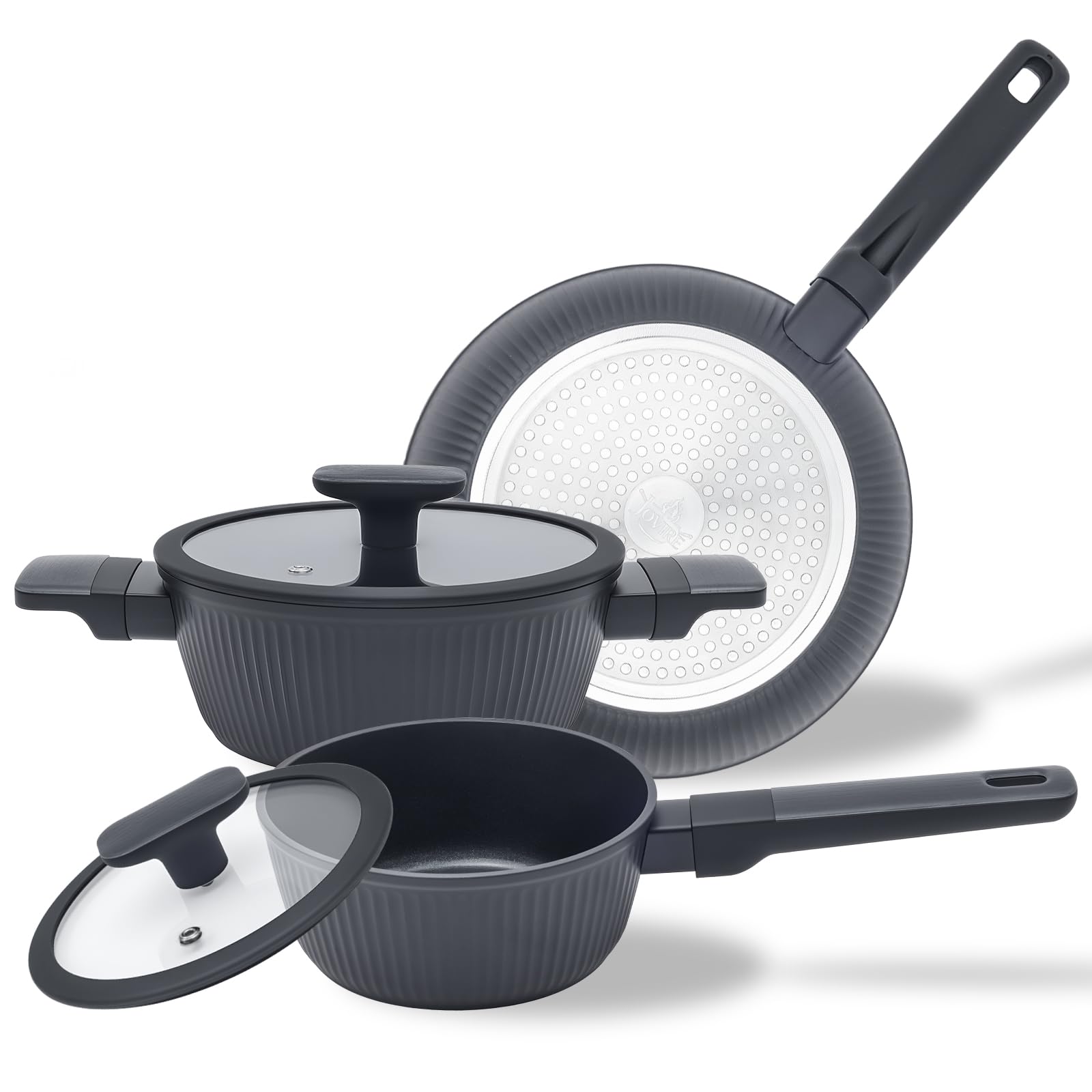 Jovire Small Non-Stick Frying Set, Frying pan & Saucepan with Lid,Ceramic Coated PFOA PTFE Free, Compatible with All Stovetops Including Induction (Black Stripes, 5-pcs 28cm)