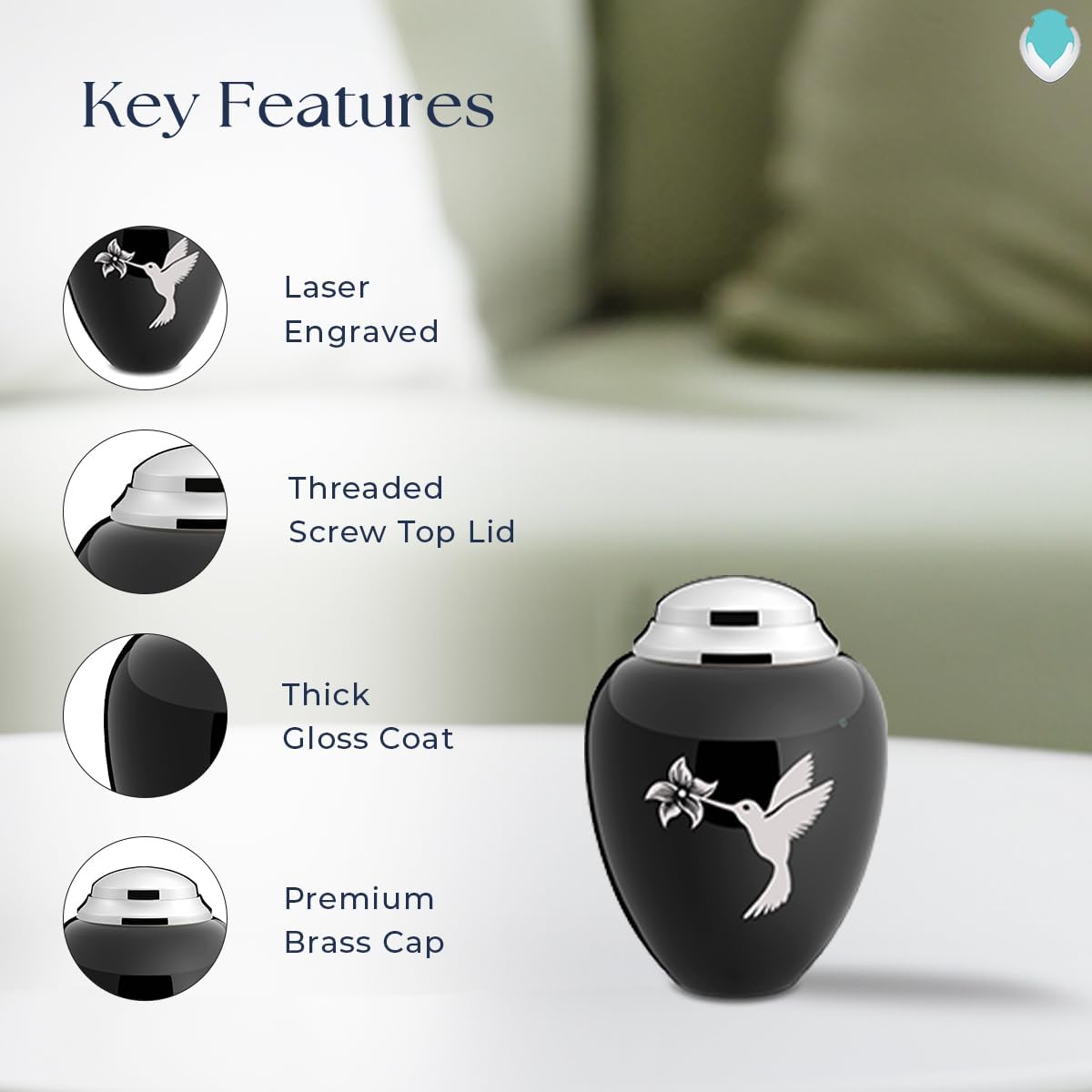 GetUrns Keepsake Tribute Hummingbird Cremation Urn (Black and Shiny Pewter)
