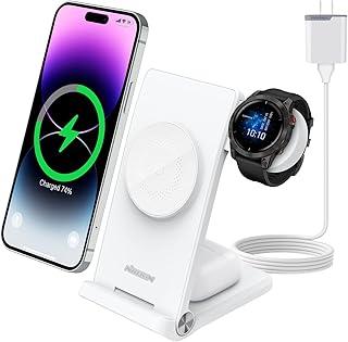 3 in 1 Magsafe Wireless Charging Station, Garmin Watch Charger Stand for Fenix 7/7S/8 Forerunner 245/745/945/965,Tactix,Enduro,Epix,Foldable Charger for iPhone 16/15/14 & AirPods with Adapter