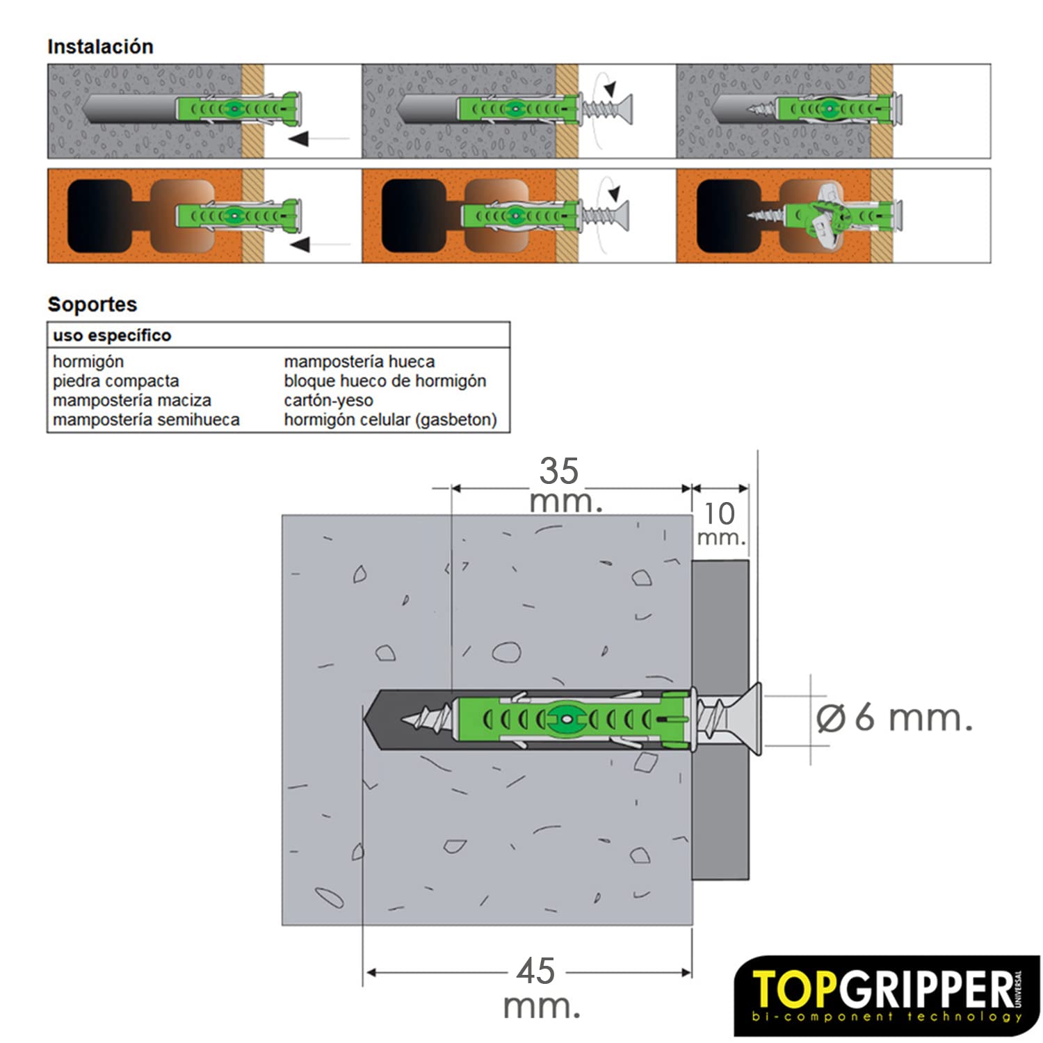 WOLFPACK LINEA PROFESIONAL - Cubo Tacos Topgripper Bimaterial Con Tornillos Ø 6 mm. 250 Piezas Taco Anclaje Universal, Taco Hormigon, Taco Pladur