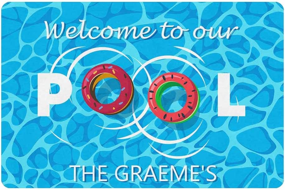 Custom Name Swimming Pool Door Mat Personalized Bath Mat Welcome To Our Pool Doormat 24x16 30x18 inche Summer Party Decor Low-Profile Doormat For Front Door Enterway Kitchen Easy Clean Made in USA
