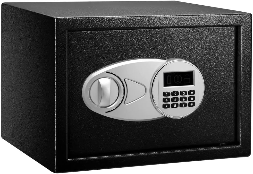 Amazon Basics Steel Security Safe with Digital Keypad - Secure Money, Cash, Jewelry, ID Documents, 14 Litres, 35cm W x 25cm D x 25cm H, Black