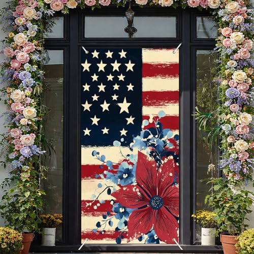Image of BlissYard 4th of July Door Cover 71x35 Inch Patriotic Front Door Cover American Flag Memorial Day Decoration July 4th Door Cover Banner Large Fourth of July Outdoor Porch Decor