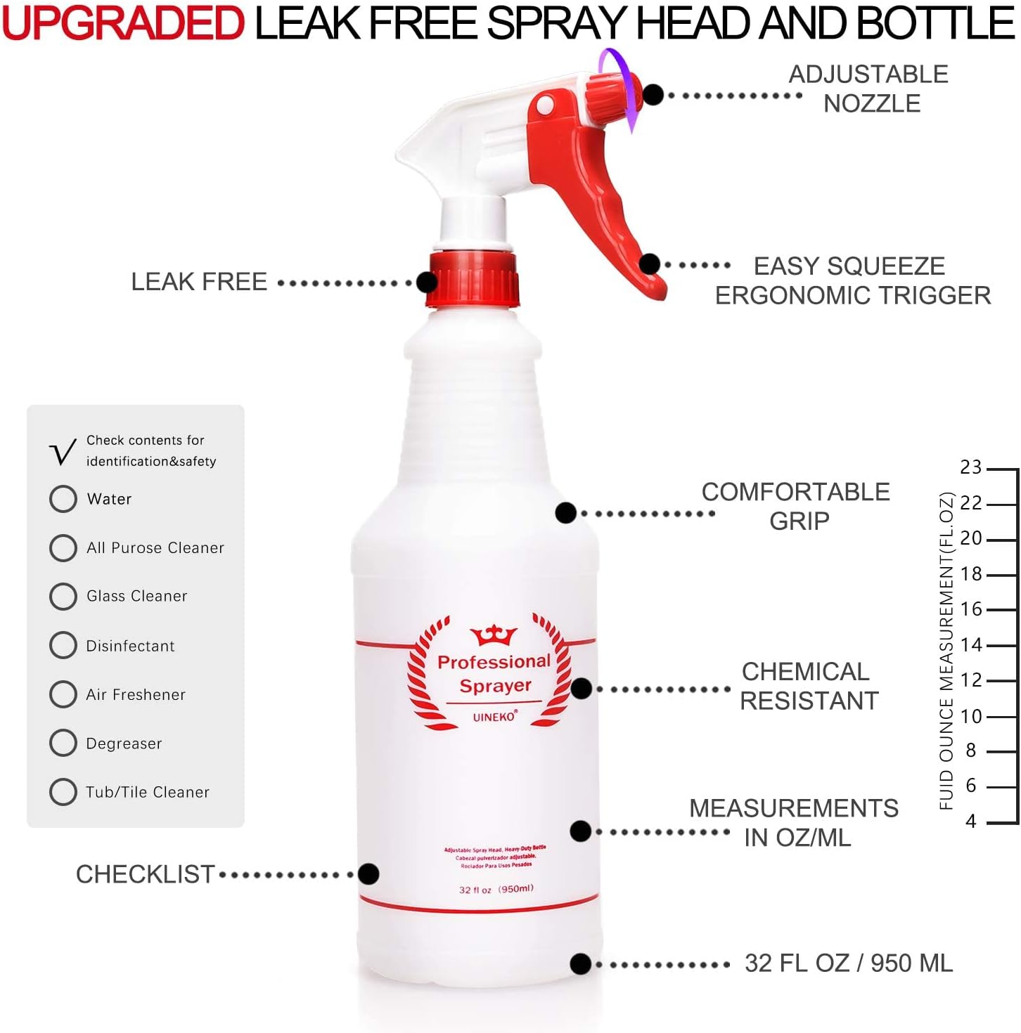 Plastic Spray Bottle (4 Pack, 32 Oz, All-Purpose) Heavy Duty Spraying Bottles Leak Proof Mist Empty Water Bottle for Cleaning Solution Planting Pet with Adjustable Nozzle and Measurements