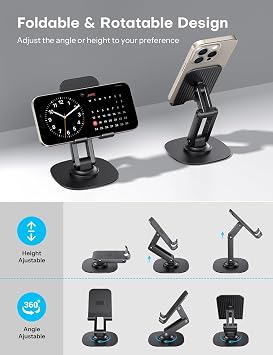 OMOTON Cell Phone Stand for Desk, 2 Pack Adjustable Foldable Phone Holder, 360 Swivel Mobile Stand Fit for iPhone 17 16 15 14 13 Pro Max and All Smart Phones, Black & Black