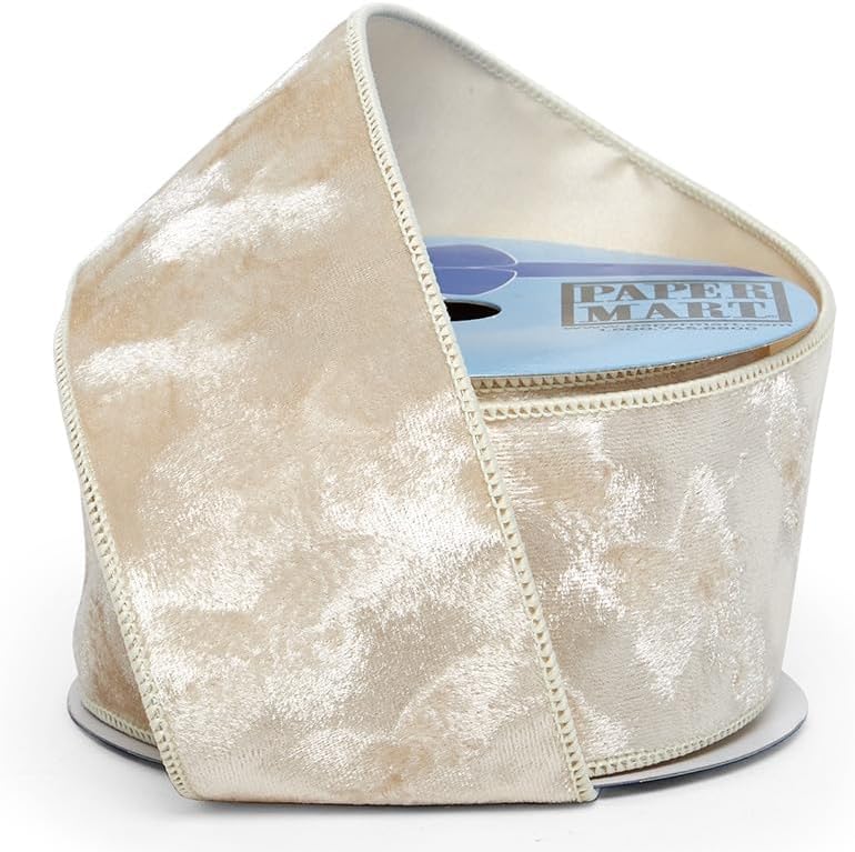 Paper Mart Ivory Brushed Velvet Wired Ribbon, 2.5 Inches Wide x 10 Yards of Wired Velvet Ribbon, Christmas Ribbon for Decorations