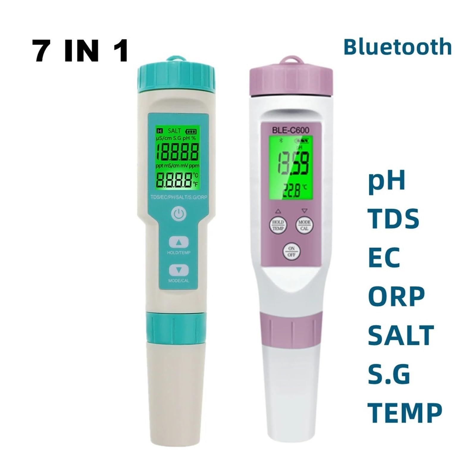 Testeur d'eau Ph-mètre Numérique 7 en 1, Testeur De Qualité l'eau, for Aquariums d'eau Potable, PH/TDS/EC/ORP/salinité/SG/Temp Polyvalent Précis Facile(Bluetooth ph Meter)