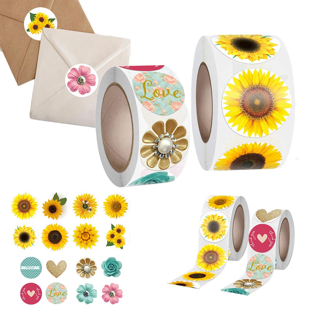 1000 Pieces Sunflower Round Adhesive Labels,Vintage Flower Stickers Roll for Cards Envelope Gift Boxes Envelope Seals Stickers(2 Rolls )