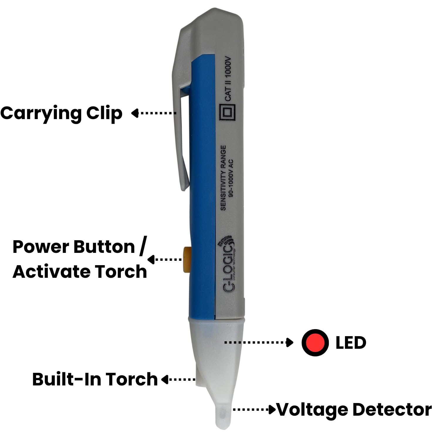 C-LOGIC 25 Detector de Voltaje Sin Contacto NCV Comprobador de Tensión con LED Rojo, Rango de 90V-1000V AC, Indicador Acústico y Visual, Detección de Roturas de Cables, CAT II 1000V