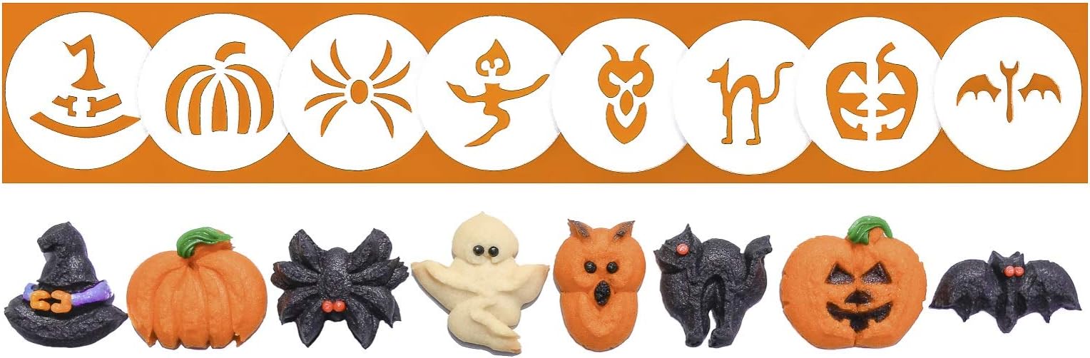 Impress Cookie Press Disks – Halloween Set of 8, Food Safe Plastic Shapes with Pumpkin, Bat, & More, Fits Many Manual Models - See Disk Sizing Image to ensure fit with your press