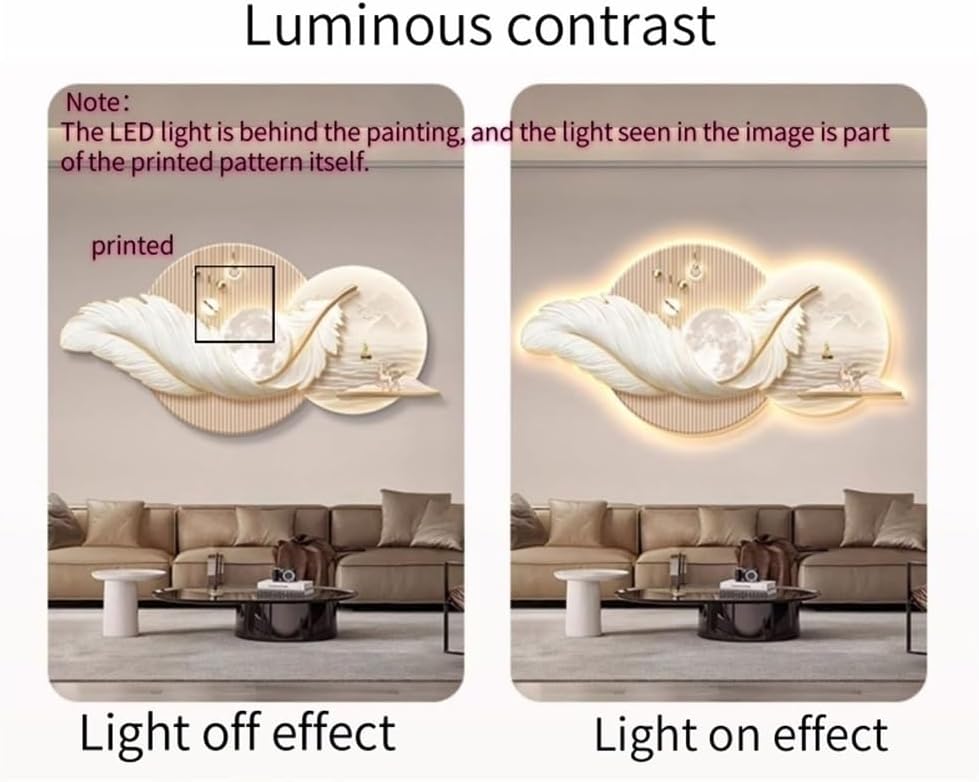 Feather Wall Decor, Plug-in Power Supply Hanging Mural, Modern Wall Art with Lights, Home Decor for Bedroom, Living Room, Entryway(A,55.1 * 27.6in)