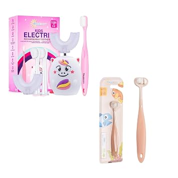 Trueocity Kids Oral Care Set U-Shape Electric Toothbrush Unicorn and Extra Soft Toddler Toothbrush Teeth Cleaning Kit for Toddlers and Kids Gentle Bristles Fun Design Gift Ready