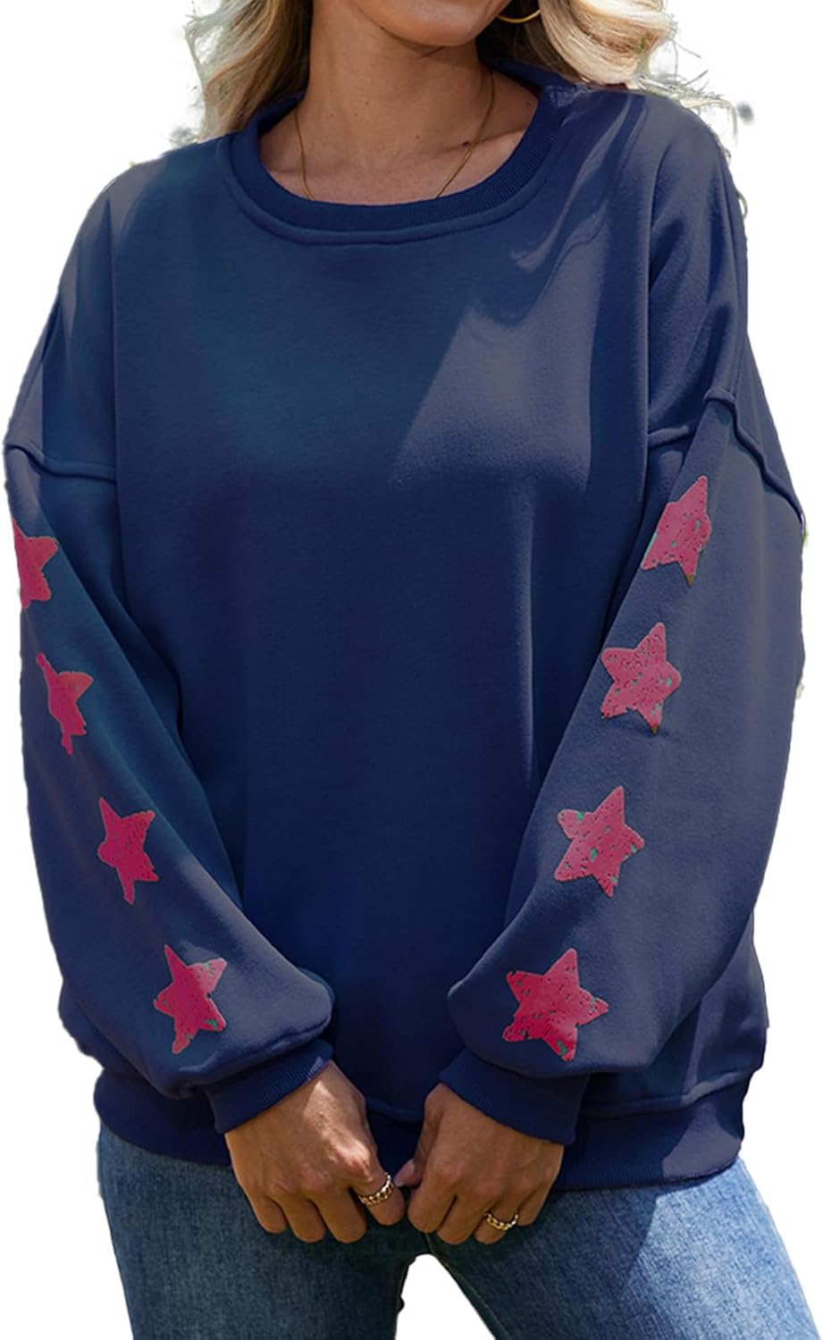 Women's Oversized Crewneck Sweatshirt, Thickened with Fleece, Star Sleeves, Long Sleeve Pullover Top