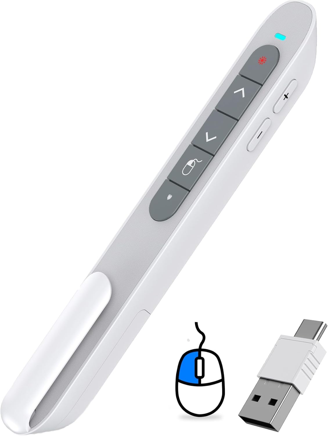DinoFire Wireless Presentation Remote with Air Mouse, showing the white remote, a blue mouse icon, and a USB-A/USB-C receiver.