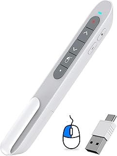 DinoFire Wireless Presentation Remote with Air Mouse White, RF 2.4GZ Rechargeable USB C Slide Clicker for Powerpoint Presentations for Laptop/Computer/MAC
