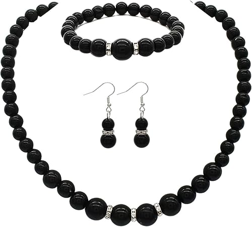 JNF Collar de perlas para mujer, collar y aretes de perlas de cristal con diamantes de imitación para novia, fiesta, joyería de boda