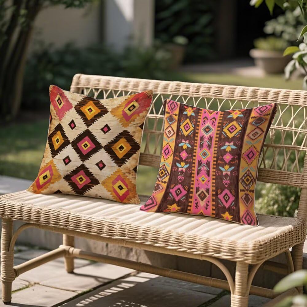Housse coussin rose et marron double face pour embellir votre canape de terrasse