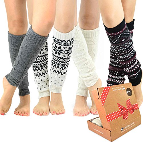 Teehee Gift Box Women's Fashion Leg Warmers 4Pairs Gift Box Crochet Geometric Pattern (Assorted B) #TOP1