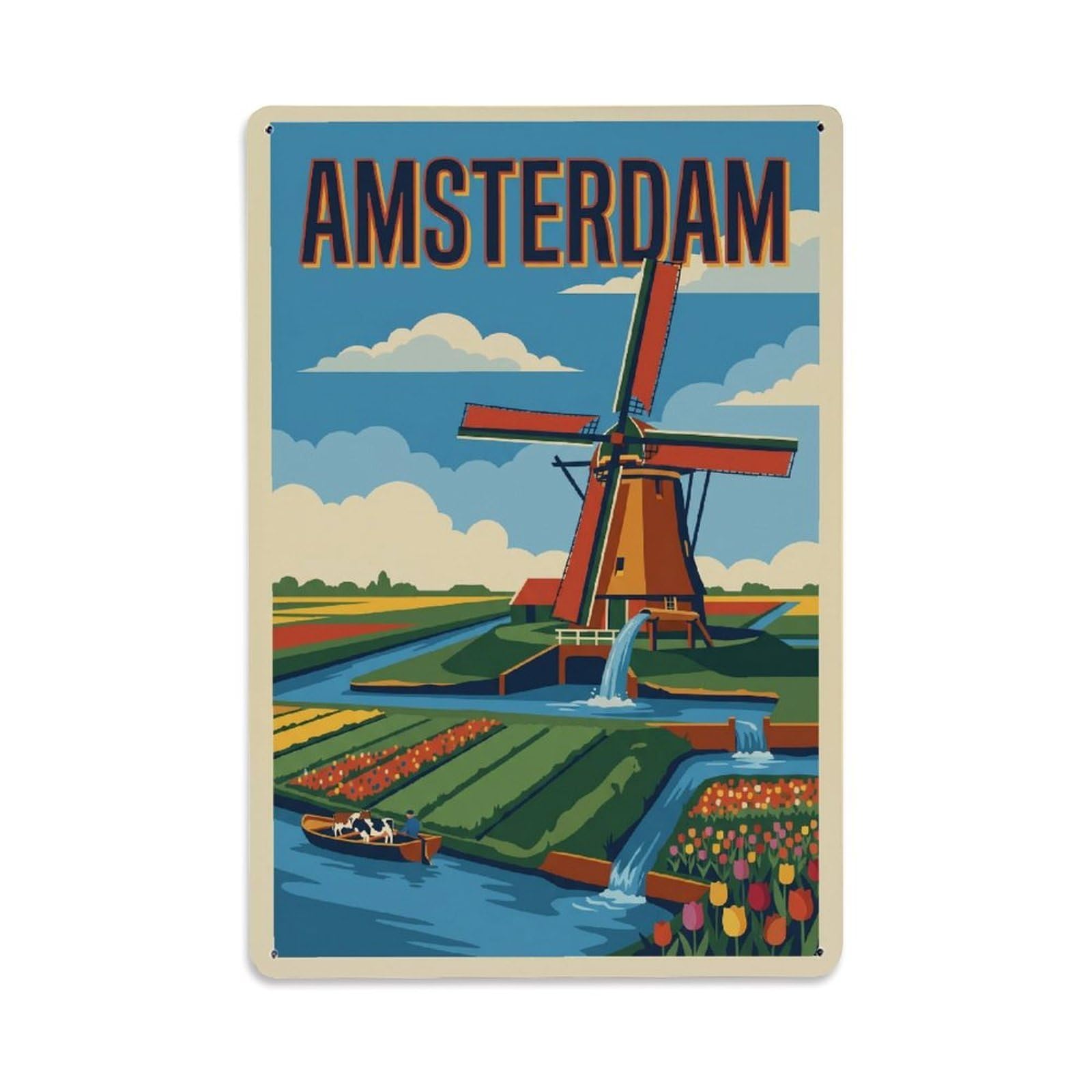 Amsterdam Windmill Polder Garden Retro Country Travel Metal Tin Sign Plaque Wall Decor for Cafe, Man Cave, Club Bar, Office, Home Garden Round Metal Poster 8x12Inch
