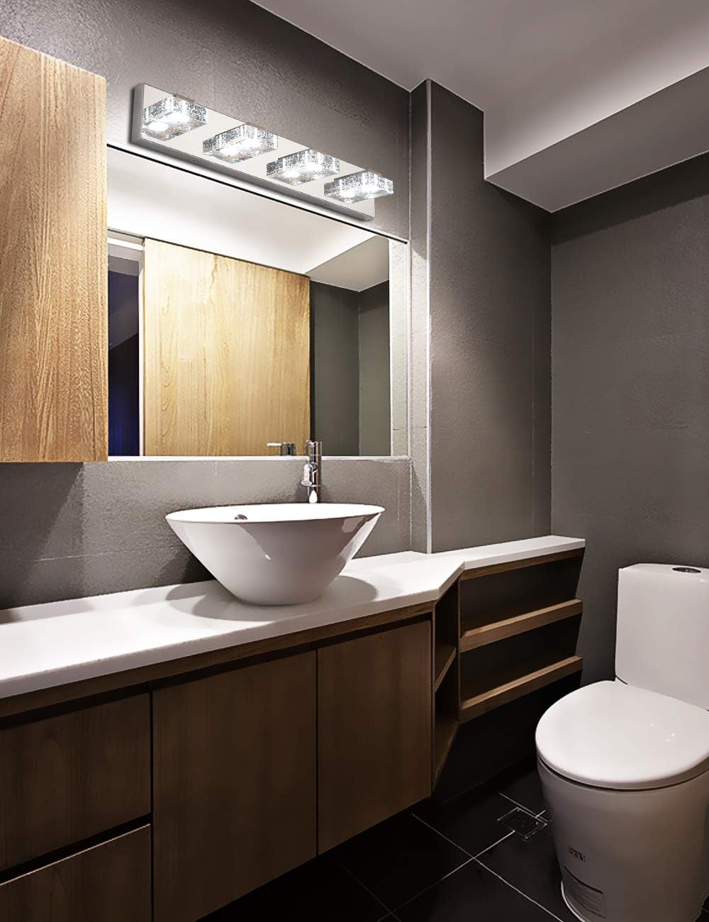 SOLFART LED Bathroom Lighting Fixtures 4 Lights Dimmable Modern Glass Stainless Steel Vanity Wall Light Over Mirror