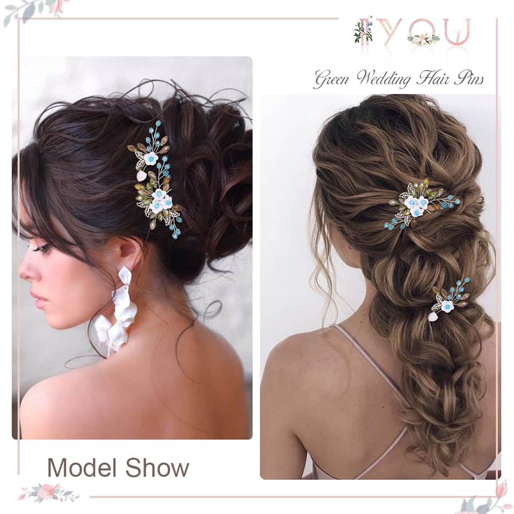 IYOU Bridal Wedding Hair Pins Flower Green Hair Clips Crystal Hair Pieces Prom Bride Hair Accessories for Woemen(Pack of 2) - Image 4