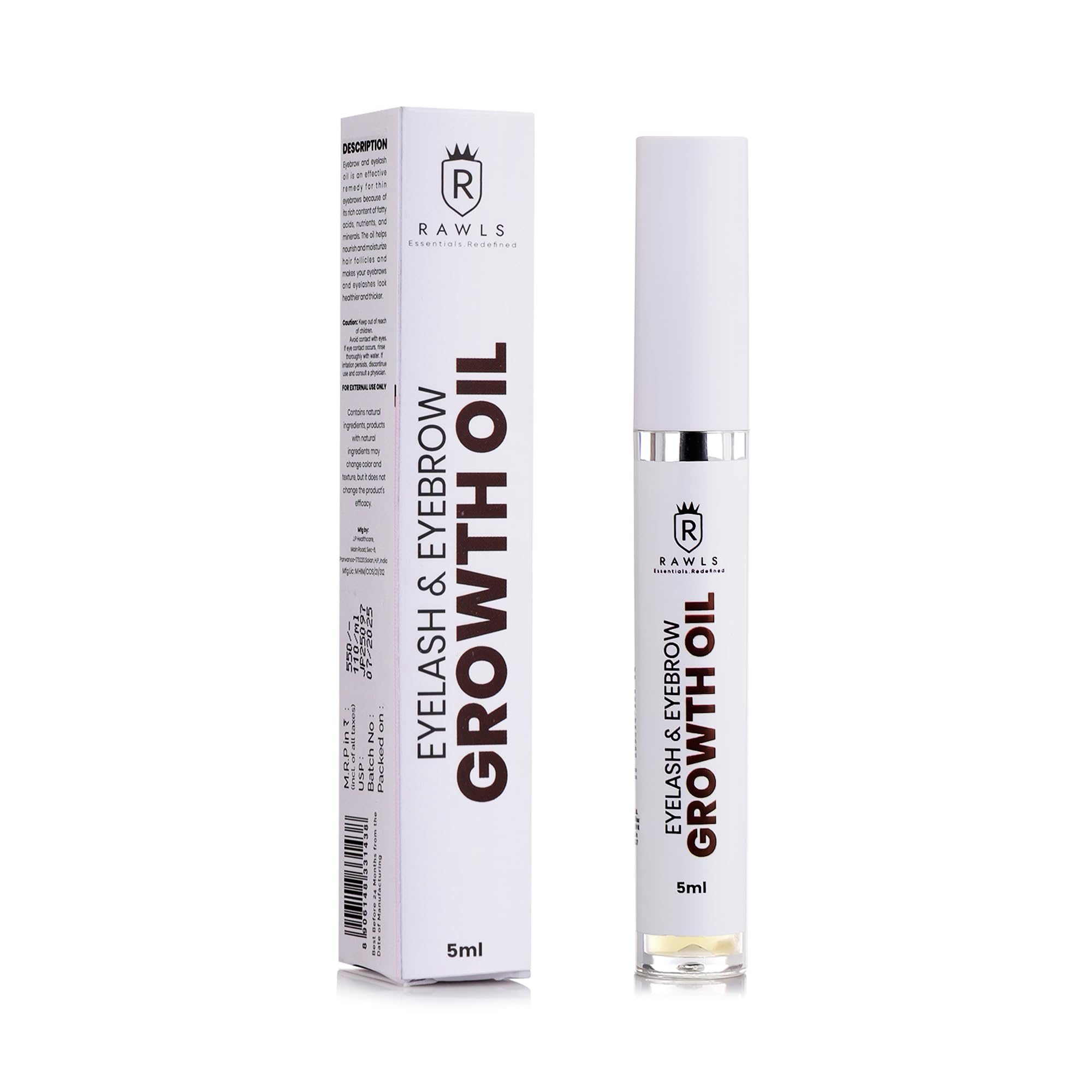 Rawls Eyebrow & Eyelash Growth Serum – Natural & Organic Formula for Longer, Thicker Brows & Lashes – Nourishing with Castor Oil, Almond Oil, Vitamin E & C – 5ml
