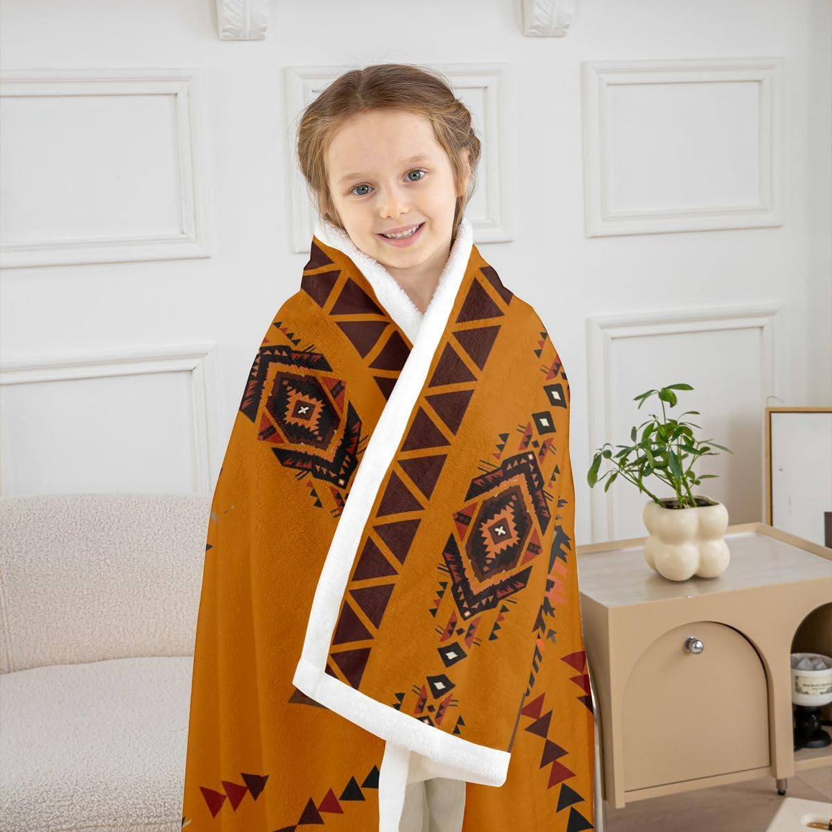 Castle Fairy Orange Green Grid Throw Blanket Retro Ethnic Tribal Plaid Bed Blanket for Kids Teens Adults Boho Geometric Plaid Stripes Fleece Blanket for Bedroom Couch 40x50 image 4