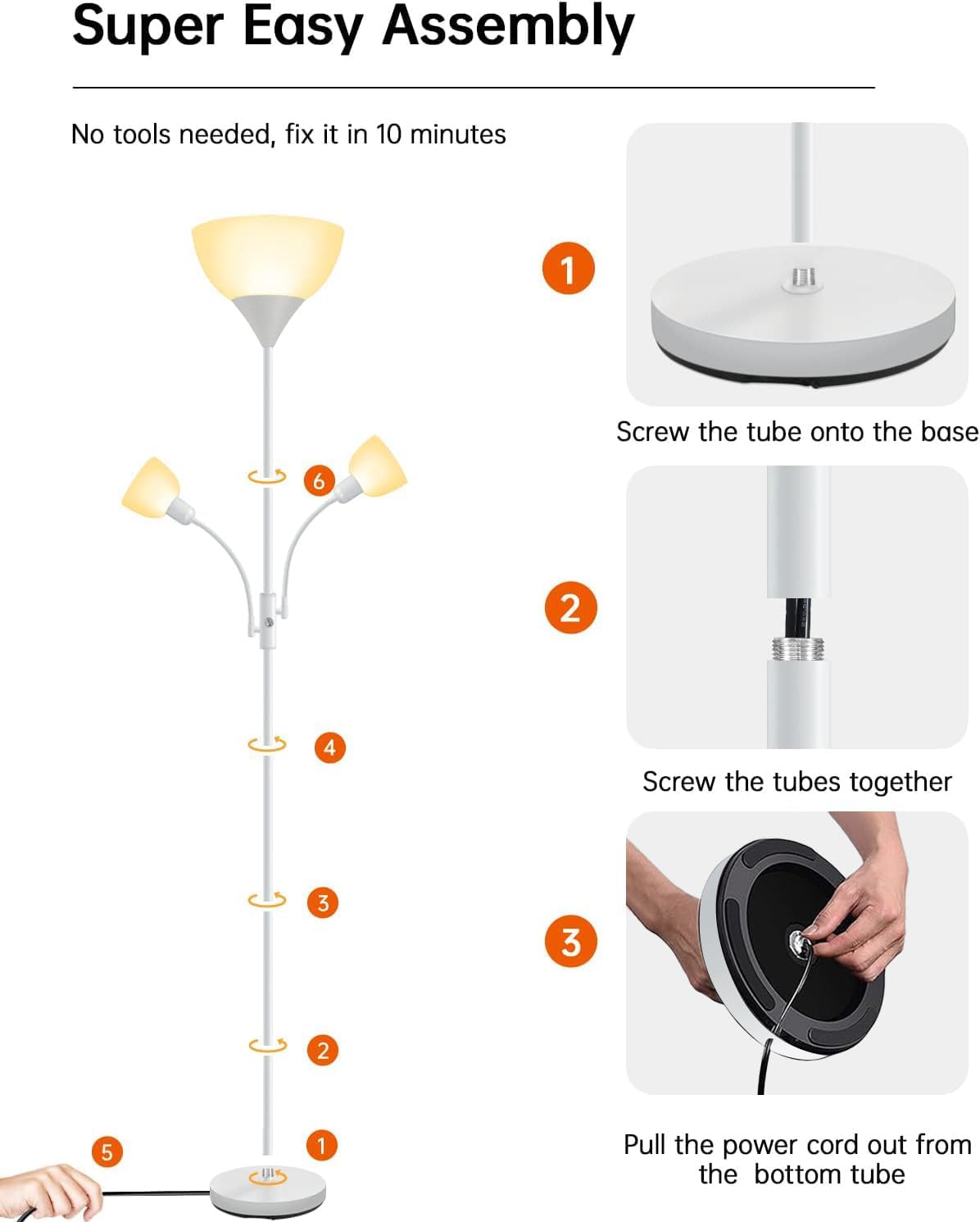 Floor Lamp White, Standing Lamp, 71" Tall Lamps for Living Room, 3 Way Switch, Plastic Lampshade, Torchiere Floor Lamp with Reading Lamps, Modern Pole Lamps for Bedroom Kids Room E26 Base(No Bulb)