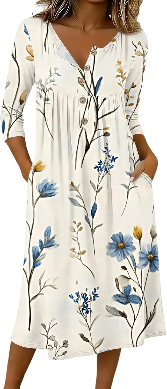 KIKX0DE Women's Casual V-Neck Button Down Dress with Pockets A-Line Flowy Summer Dress for Work Maternity