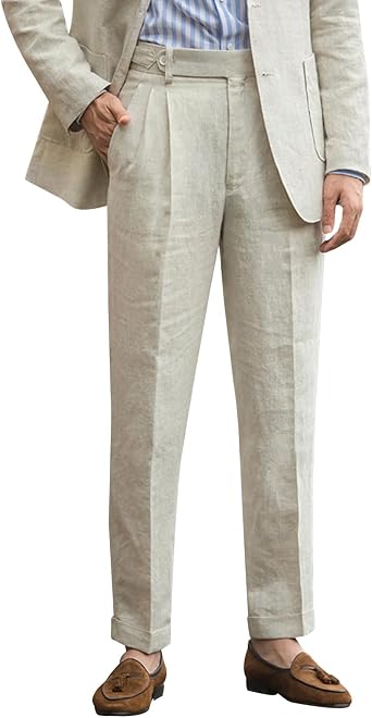 Snoly Mens Summer Retro Linen Lightweight Gurkha Tapered Leg Straight Flat Front Chino Pants Buckle Back
