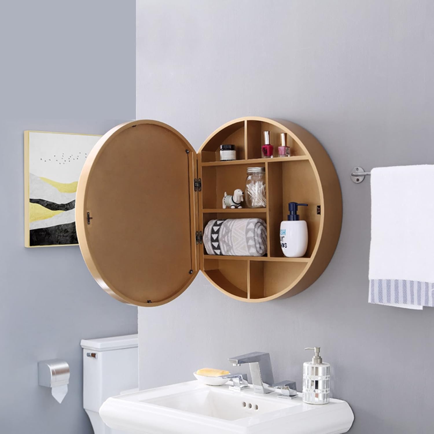 Round Wood Bathroom Wall Mount Medicine Cabinet with Storage and Vanity Mirror 2 in 1 Cupboard for Living Room Kitchen Bedroom,Walnut2,50cm