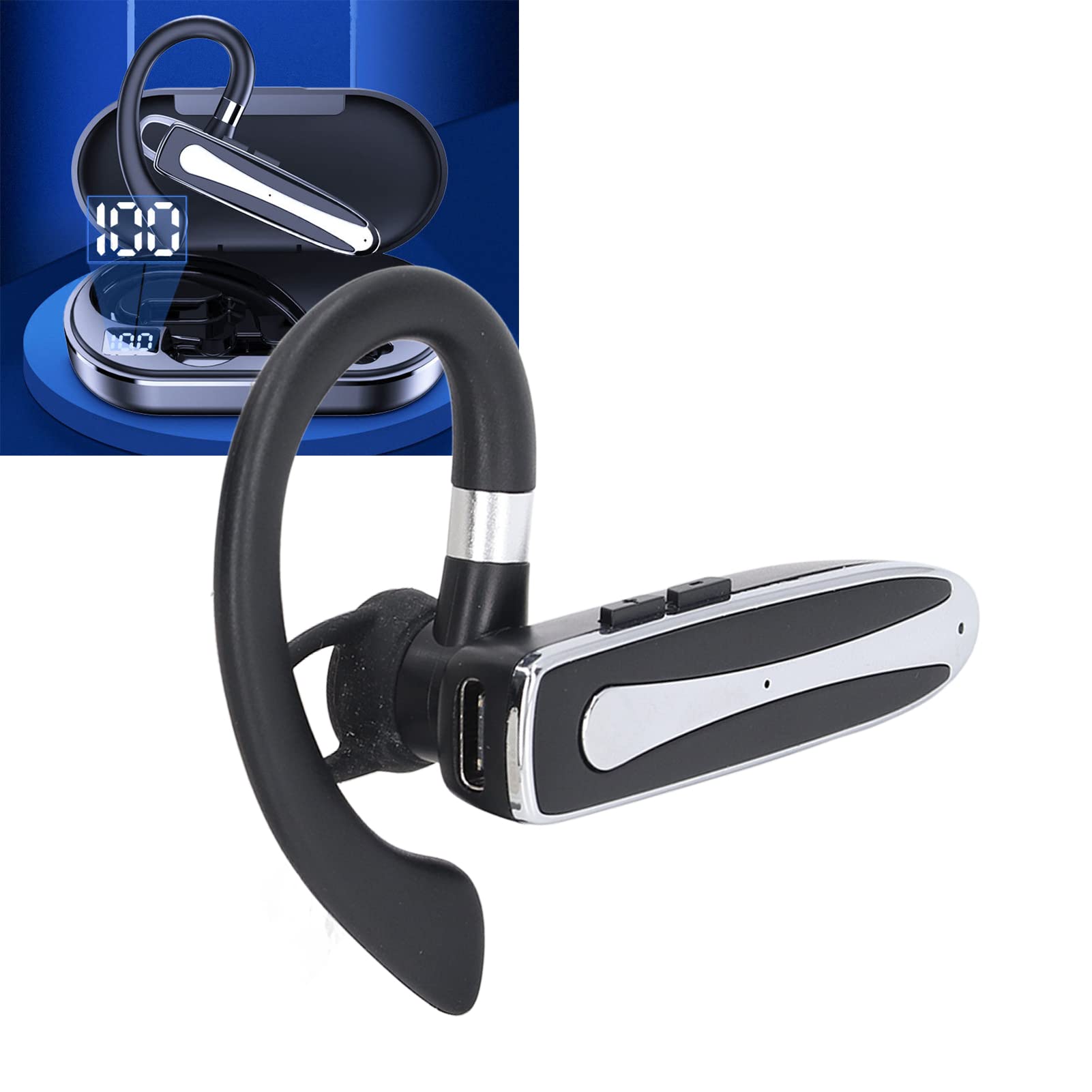 PUSOKEI Auricolare Bluetooth, auricolare Bluetooth con microfono per telefoni cellulari, doppio microfono, cancellazione del rumore, rotabile, auricolare singolo orecchio senza fili, vivavoce con