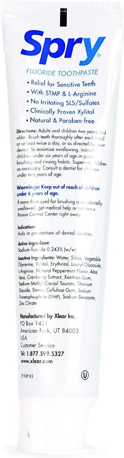 Spry Natural Xylitol Toothpaste 5oz for Adults and Kids with Fluoride, Gentle for Sensitive Teeth Whitening and Remineralizing, Breath Freshening, Mouth Moisturizing, Peppermint (Pack of 1) image 2