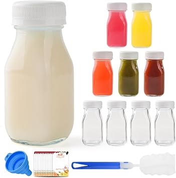 9pcs 100ml Small Glass Milk Bottles, Shot Bottles with Lids, Clear Mini Juice Shot Storage Drinking Container for Refrigerator Party School Picnics Wedding Travel