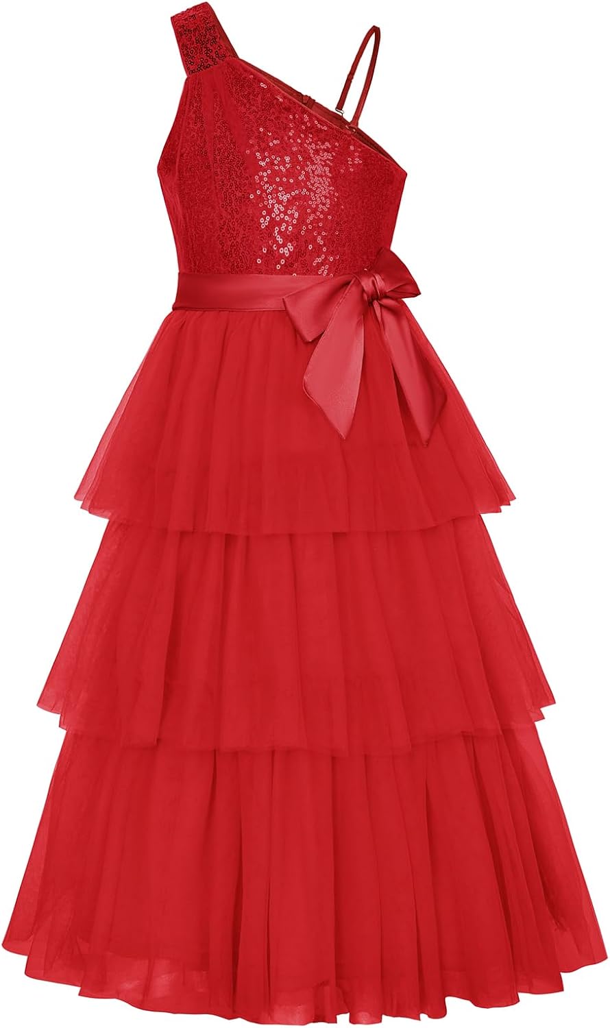 GRACE KARIN Girls Sequin Tulle Dress One Shoulder Formal Party Holiday Maxi Dress for Girl 6-14Y
