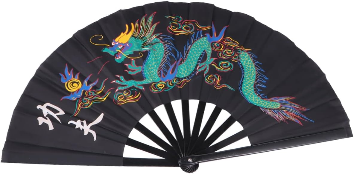 KONTONTY 1Pc Durable Plastic Taichi Fan Black Kungfu Performance Fan for Martial Arts Dance Easy Open Hinge for Training and Performance Chinese Style