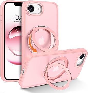 YINLAI for iPhone 17e Case/iPhone 16e Case, Magnetic Support Wireless Charging with 360 Rotatable Ring Holder Kickstand Slim Translucent Matte Shockproof Protective Phone Cover 6.1", Pink