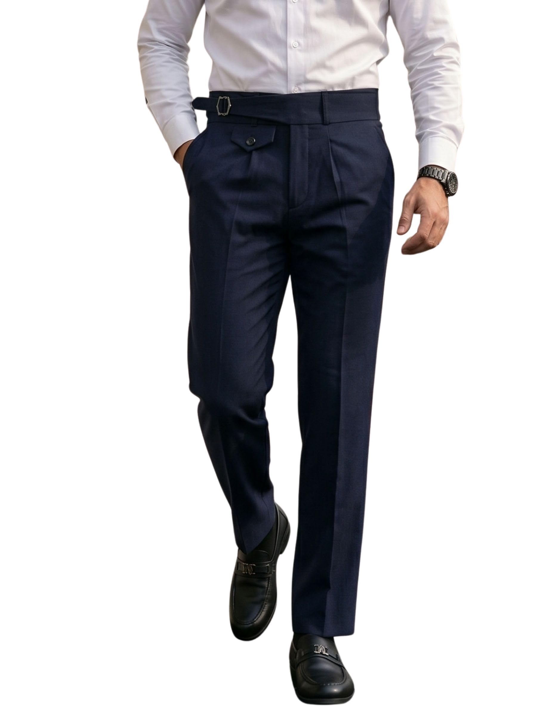 erke Men's Pleated Gurkha Pants with Side Buckle | Vintage Classic High Rise Trousers for Men | Straight Fit Formal Pants for Men-picture-51