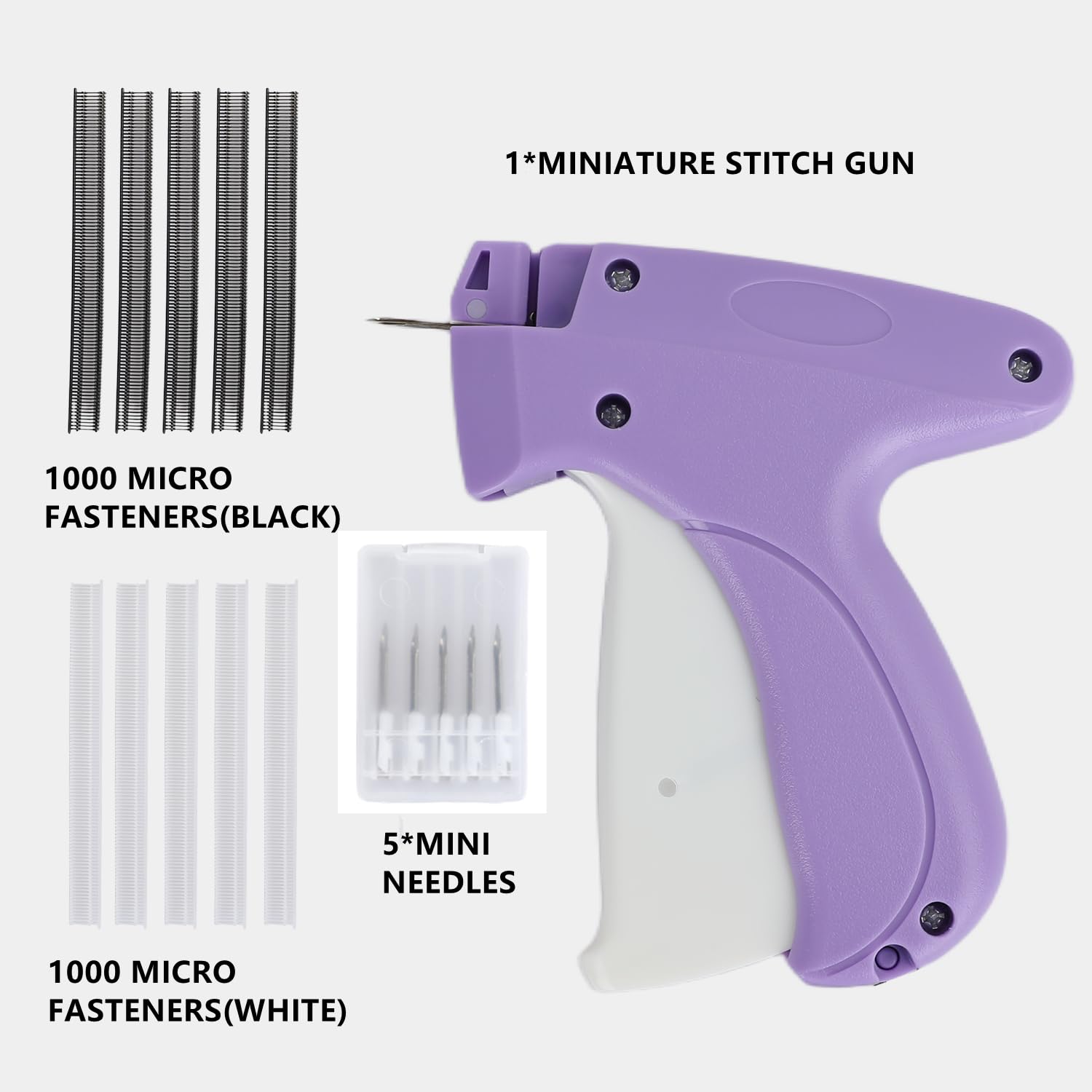 Stitchy Microstitch Gun Stich Gun für Kleidung Heftpistole für Kleidung Nähen Schnell Kleidung Fixierer Inklusive 6 Nadeln, 1000 Schwarz & 1000 Weiß Verschlüsse