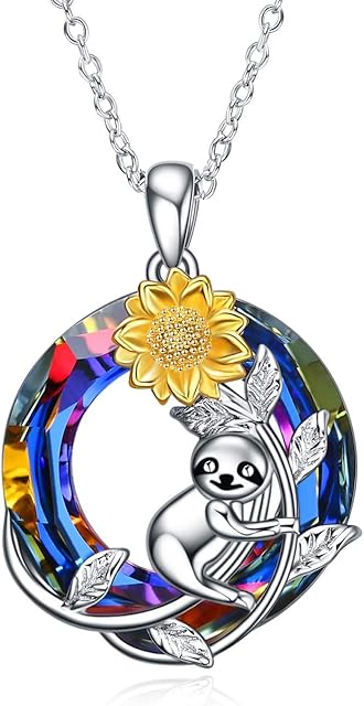 AOBOCO Sloth Gifts 925 Sterling Silver Cute Animal Pendant Sunflower Necklace with Crystals Jewellery Birthday Gift for Women Girls