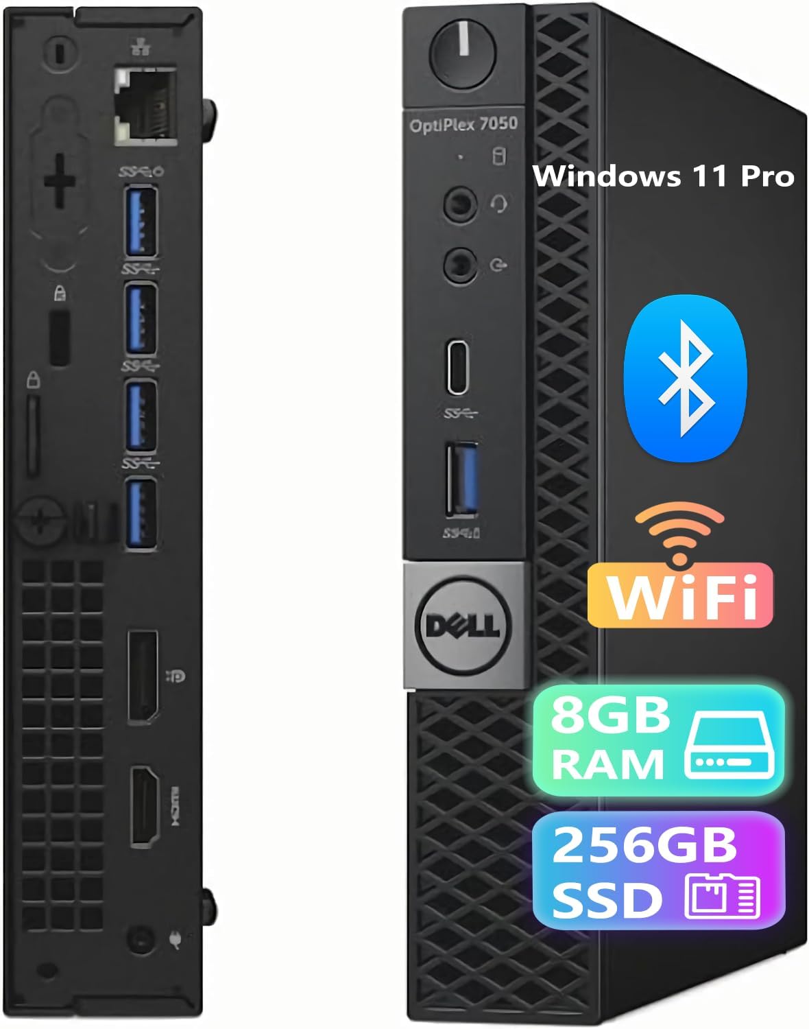 Dell Optiplex 7050 Mini Desktop, Windows 11 Pro, Intel Core i5-7500T 4-Core 2.70GHz, 8GB DDR4 RAM, 256GB SSD, Keyboard & Mouse, USB WiFi, USB BT(Renewed)