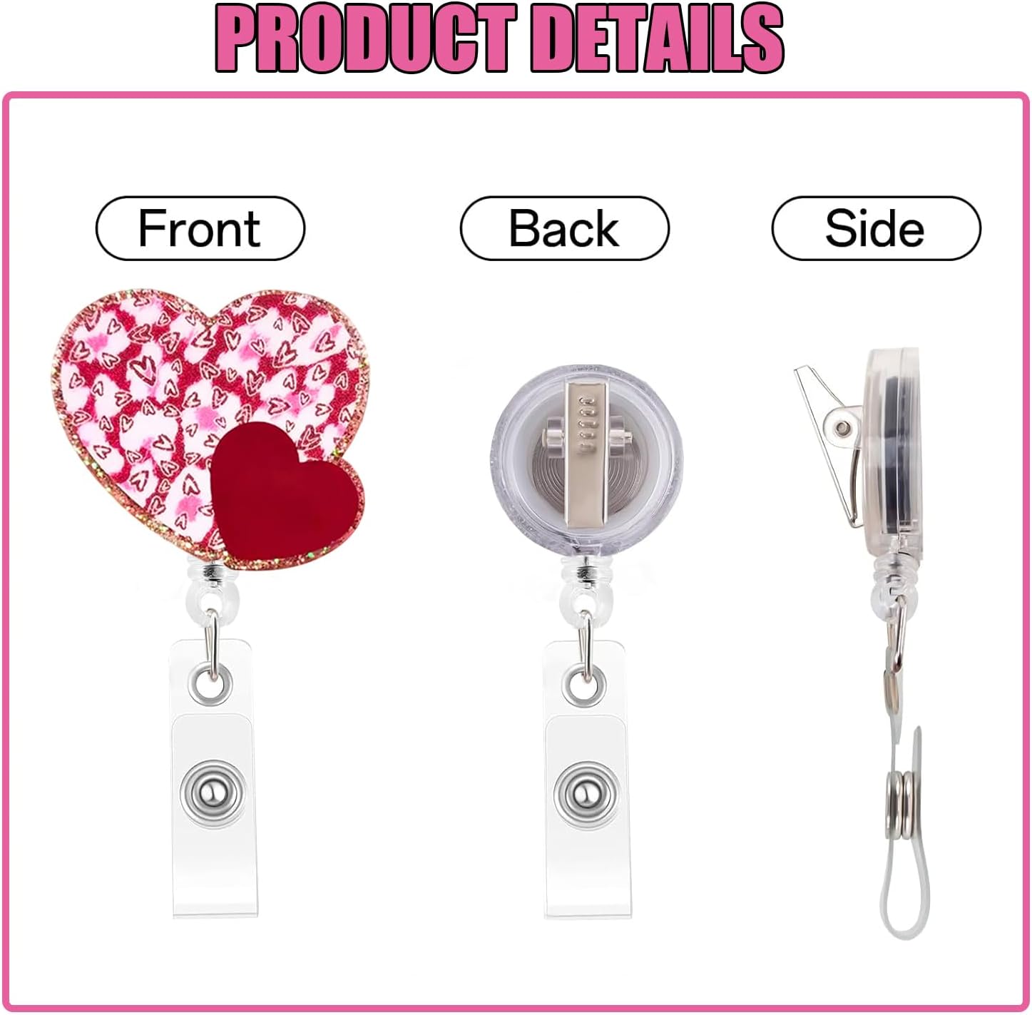 Valentines Badge Reel Heart Badge Reels Retractable Red Heart Acrylic Retractable Badge Holder 360 Rotating Badge Clip Glitter Heart Badge Clip Valentines ID Badge Holder for Nurse Doctor Teacher - Image 4
