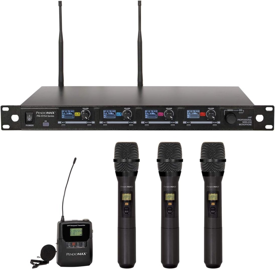 PendoMax Professional Wireless Mic System – 1000 Channel Uhf Microphone System Speech with 3 Handheld, 1 Bodypack, 1 Lapel for Speech, Singing, Church, Presentations, Karaoke, DJ, Party, Classrooms.
