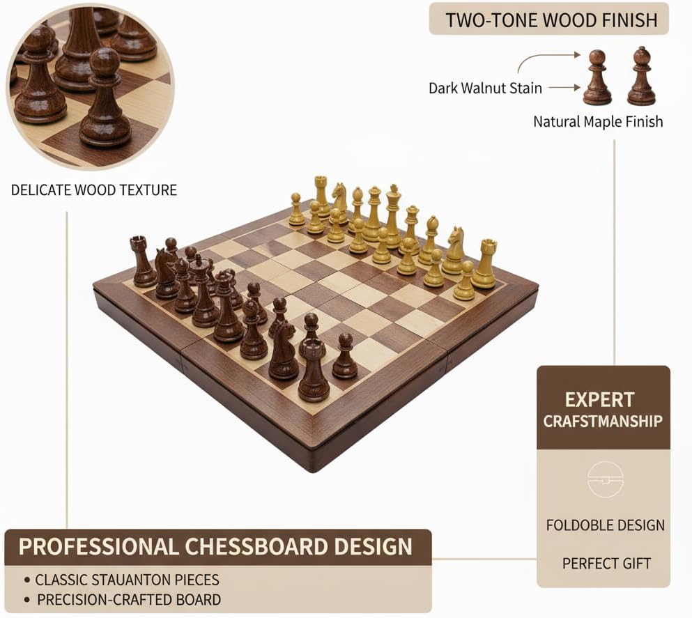18" Wooden Chess Set with High Polymer Weighted Standard Chess Pieces,Large Deluxe Folding Storage Wooden Chess Board Sets, Premium Board Games for Adults and Kids Enthusiasts