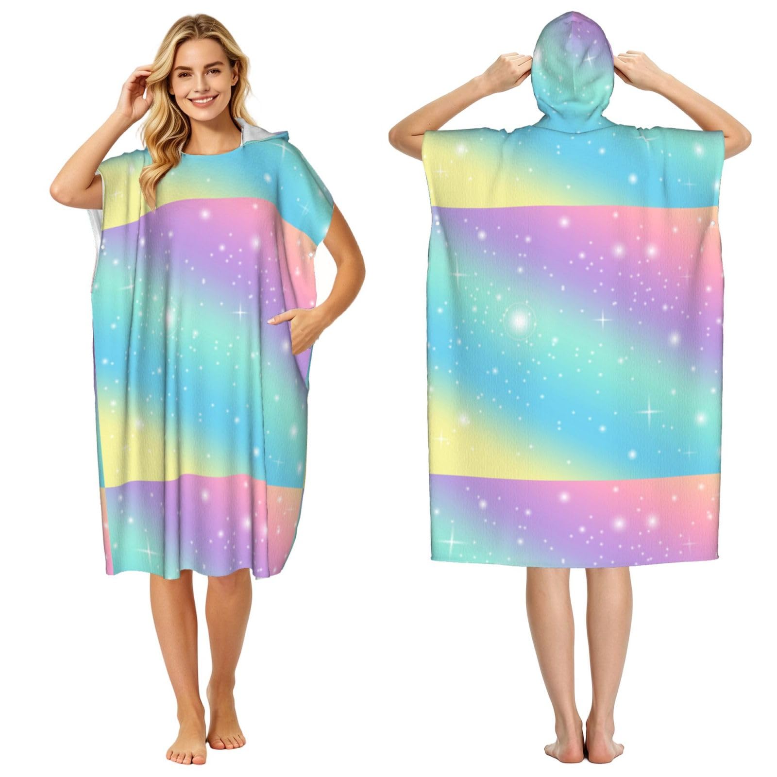 Poadnly Rainbow Pastel, Adult Hooded Beach Towel 90 x 110 cm,Changing Bath Robe, Surf Poncho Towel For Women Men