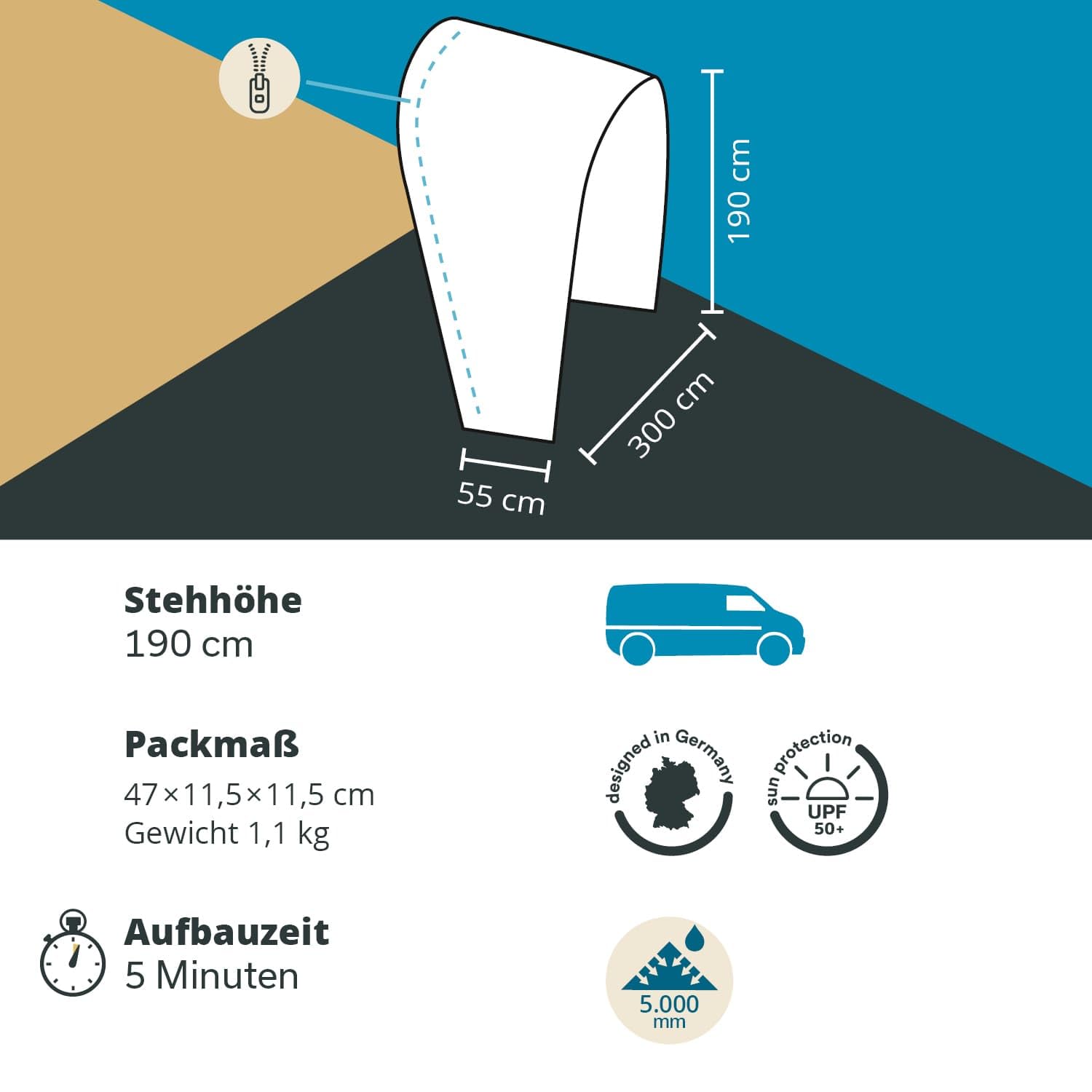 Skandika Van-Schleuse für Kuppelzelt Pitea 4 Flex Protect | Autozelt Schleuse für Van mit Schiebetür, Autovorzelt Minivan, Wassersäule 5000 mm, UPF 50+, Tragetasche | Vorzelt, Zelt, Camping, Outdoor