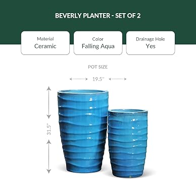PLANTATOREM Beverly Planter Set of 2 - Falling Aqua: Matte Ceramic Pots with Drainage for Indoor and Outdoor Use, High-End Fashion Colors, Elegant Glaze, Robust Design