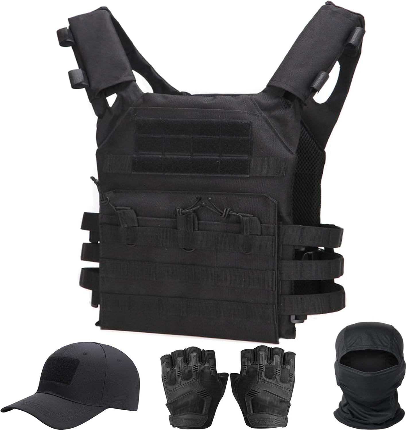 Tactical Vest for Men, Airsoft Vest, Black Molle Vest and Cap Protective Equipment, Tactical Airsoft Gear